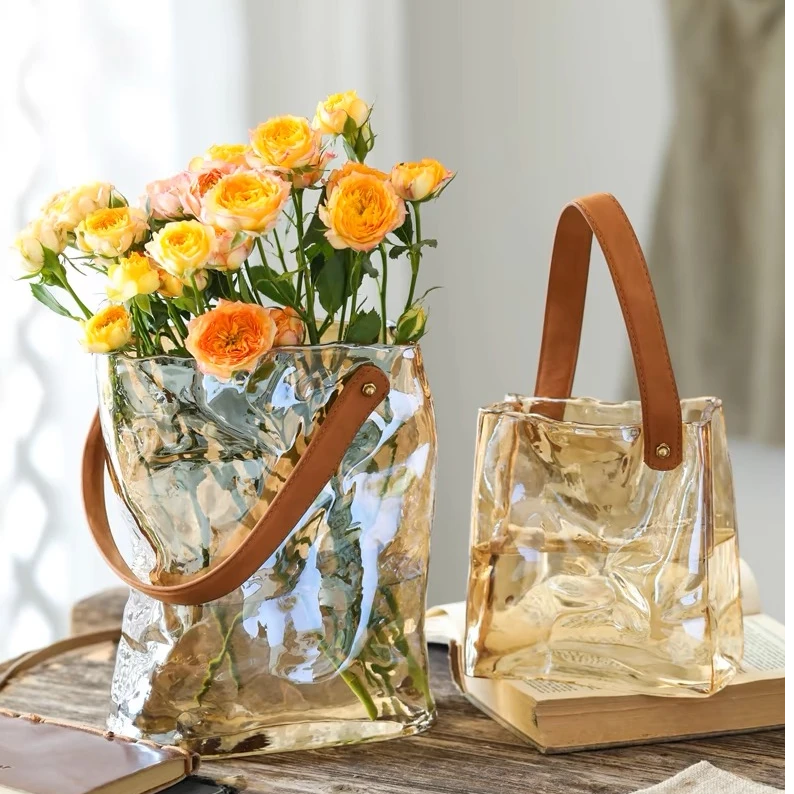 原创北欧ins风皮带褶皱手提包包玻璃花瓶设计师网红奶油鲜花花篮
