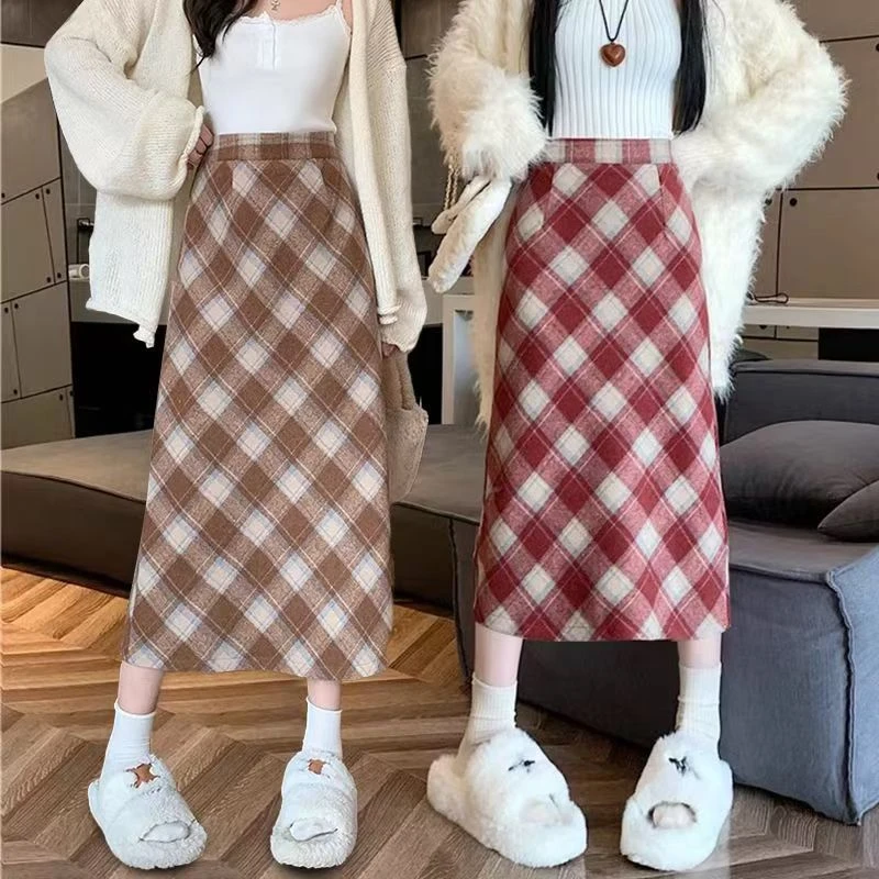 毛呢格子半身裙女秋冬新款高腰包臀裙大码显瘦呢子a字中长裙