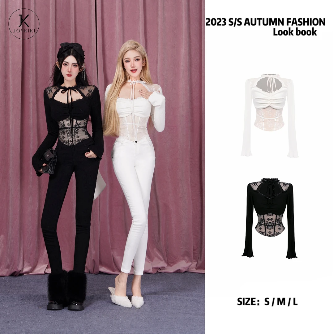 【JOYKIKI 清清!】【纯欲陷阱】纯欲辣妹拼接蕾丝绑带上衣 J23D252