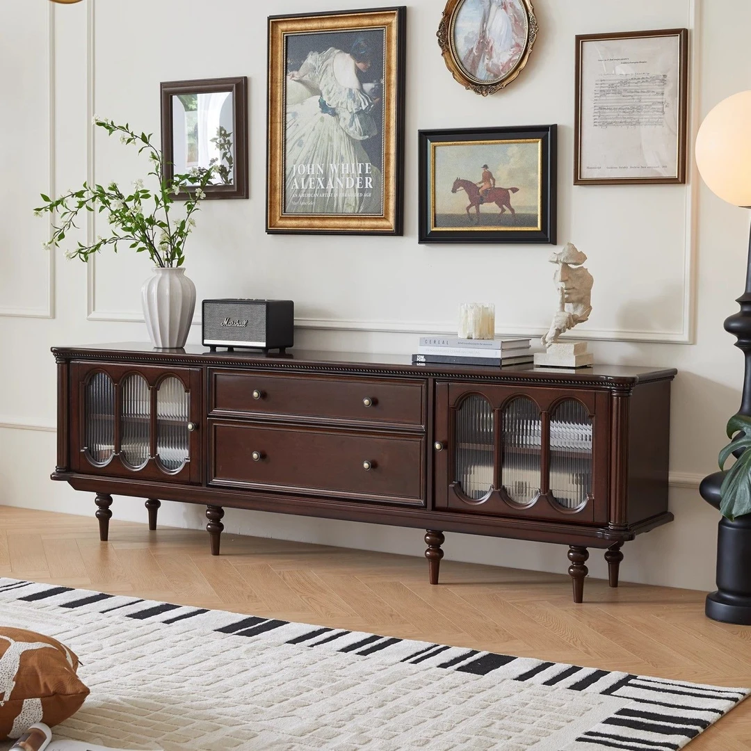 中古风实木电视柜收纳储物柜一体客厅家具法式电视柜复古置物柜