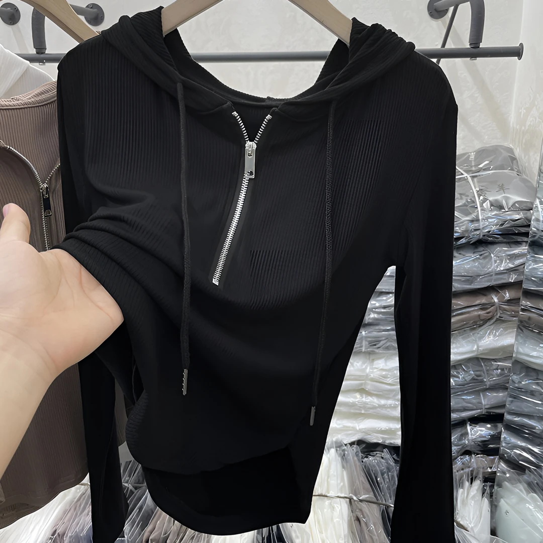 春秋季新款半拉链连帽长袖纯色T恤上衣女韩版显瘦百搭时尚卫衣潮