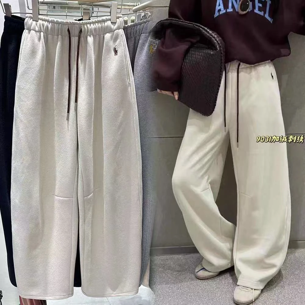 小马刺绣休闲裤女秋冬新款加绒加厚高腰显瘦百搭阔腿裤
