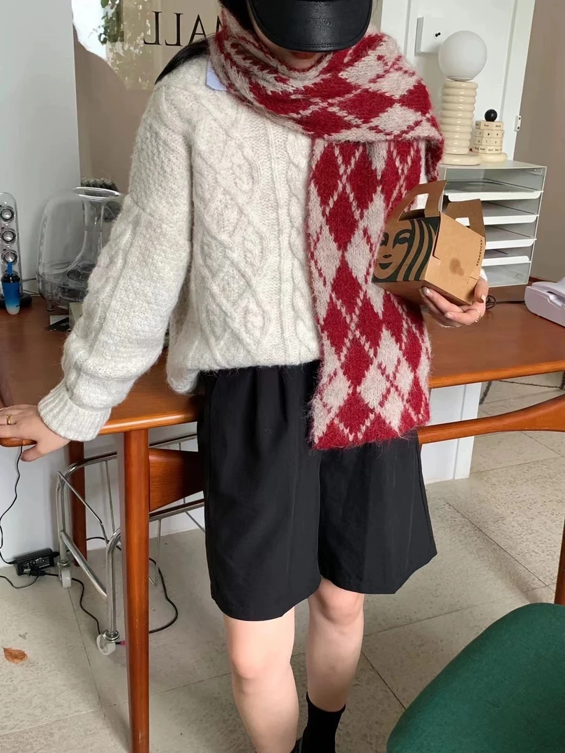 【WSDN】韩国东大门同款围巾圣诞氛围感拼色菱形格针织围巾情侣