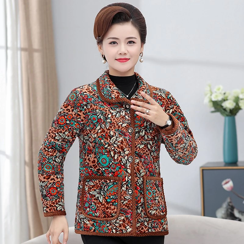 H68新款妈妈装加绒碎花棉袄老年人棉衣中老年冬装时尚短款棉袄