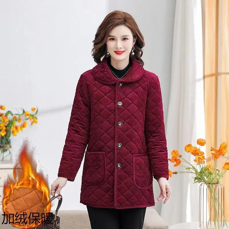 新款妈妈装棉袄灯芯绒棉衣加绒外套纯色翻领薄棉服时尚短款棉袄