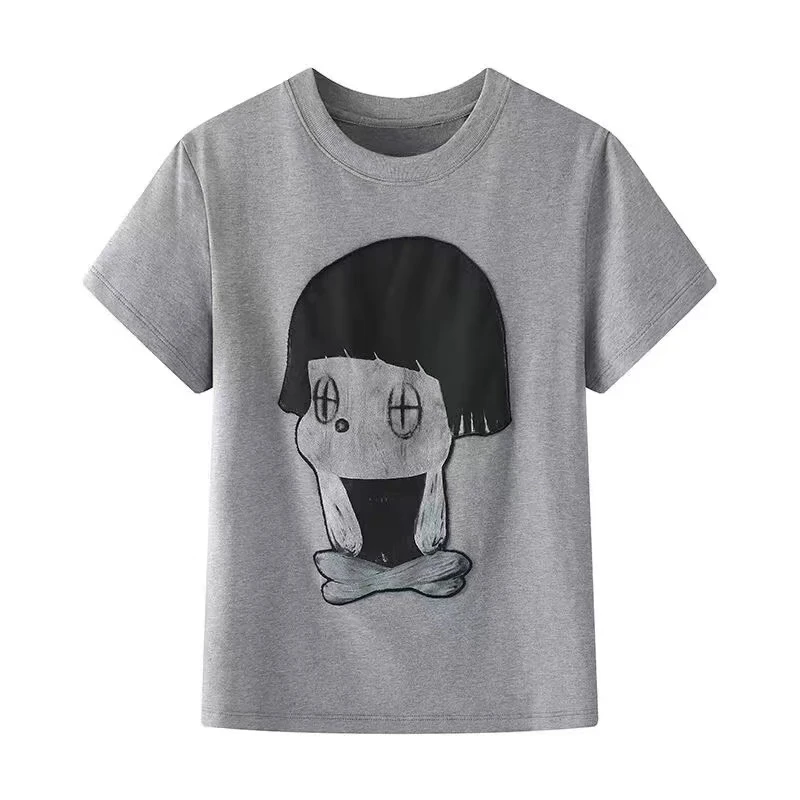 【Y1567】新品时尚百搭印花正肩T恤女宽松气质休闲显瘦圆领短袖上衣