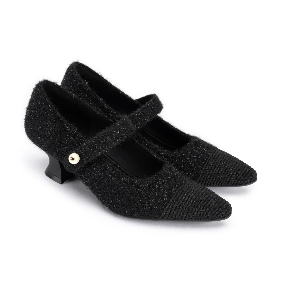 MALOVEMZ2024秋季新款一字带钉珠小香粗跟高跟鞋软底女鞋23P20-5