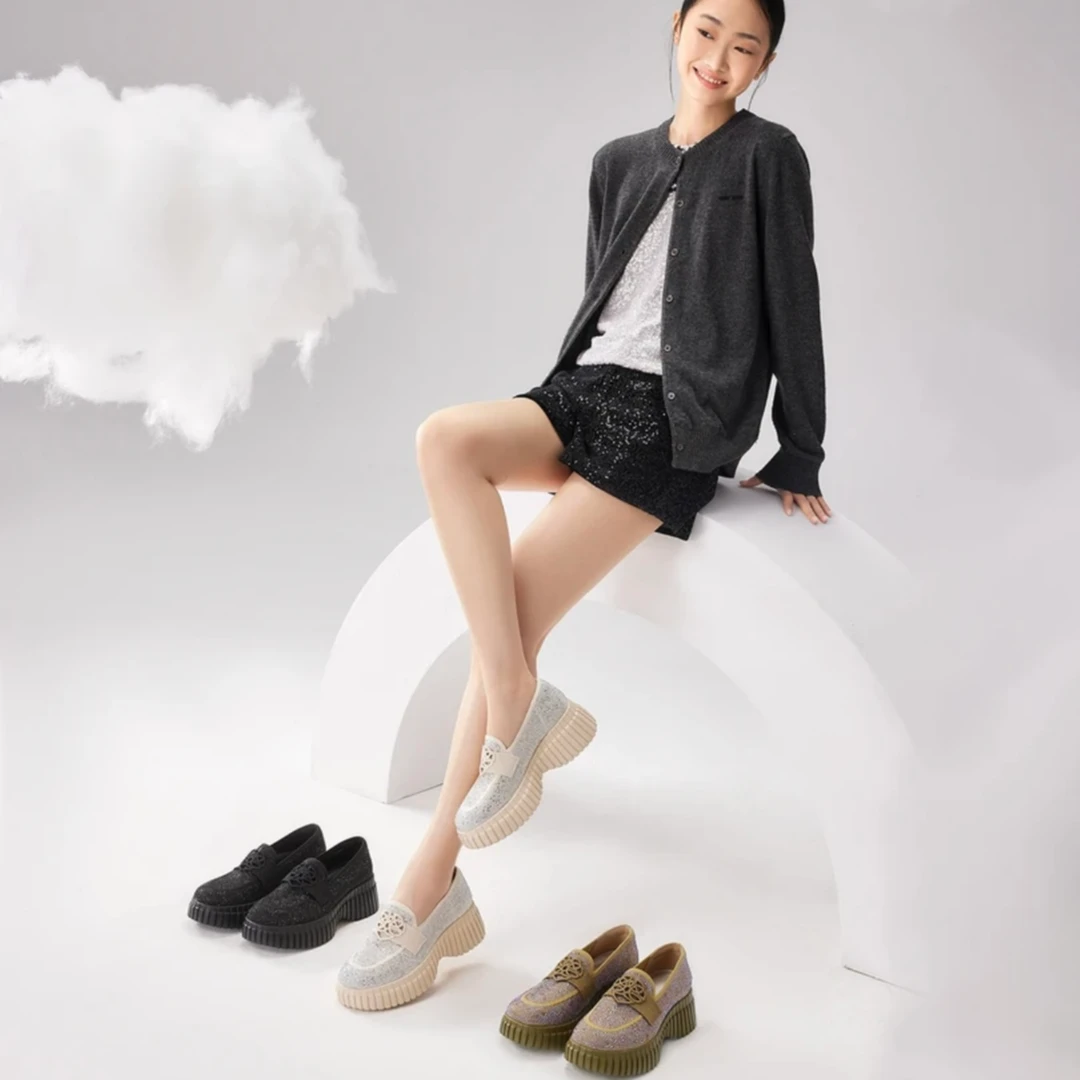 MALOVEMZ新款亮钻松糕厚底乐福鞋2024春秋透气百搭女鞋24D09-2