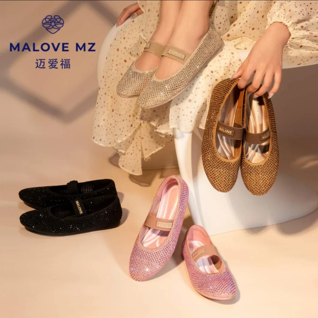 MALOVEMZ2024新款夏单鞋平底法式公主水晶烫钻芭蕾舞鞋女20P19-19