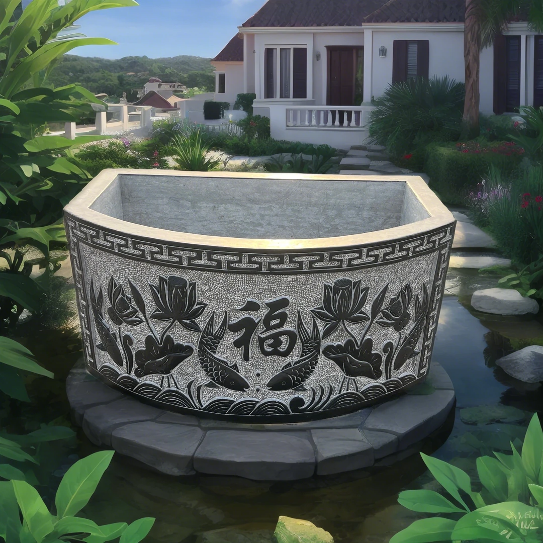 石雕壁盆 青石荷花鱼缸花盆天然石材石头长方形鱼缸现货供应