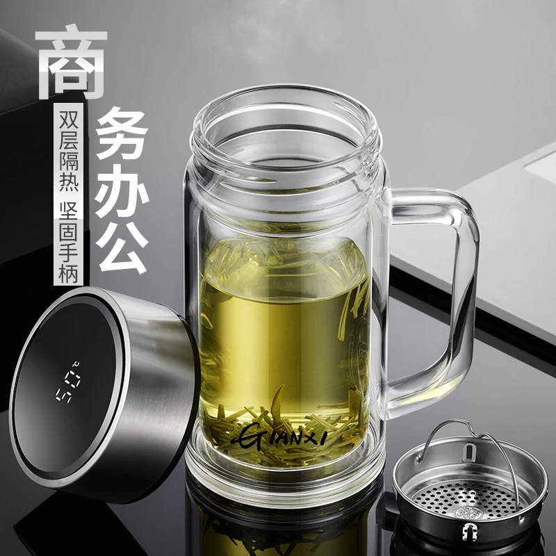 GIANXI/捷安玺双层玻璃杯家用带把泡茶杯个人高档水杯茶水分离杯
