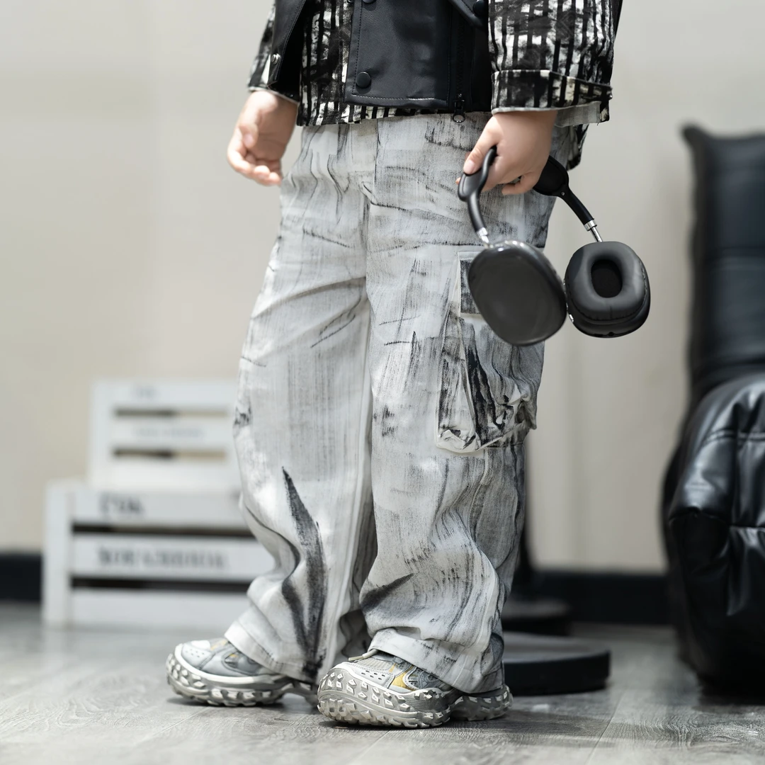 XIAOMIFN〃潮牌重工扎染工装裤韩版男童2024秋款长裤洋气小裤0960