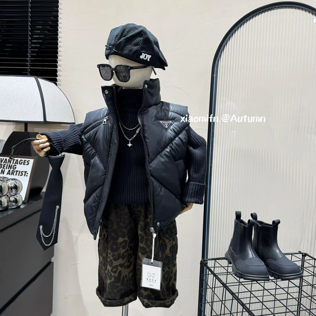 现货〃潮牌贴标马甲韩版男童2024秋冬新款儿童皮衣潮加厚童装Q300