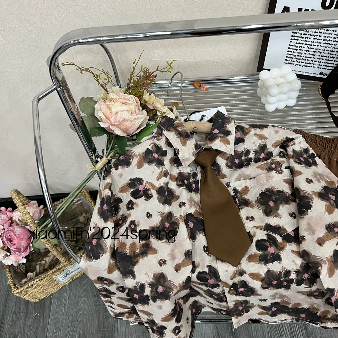 档口现货〃韩版男童2024春季新款满印花儿童衬衫外套咖色11131