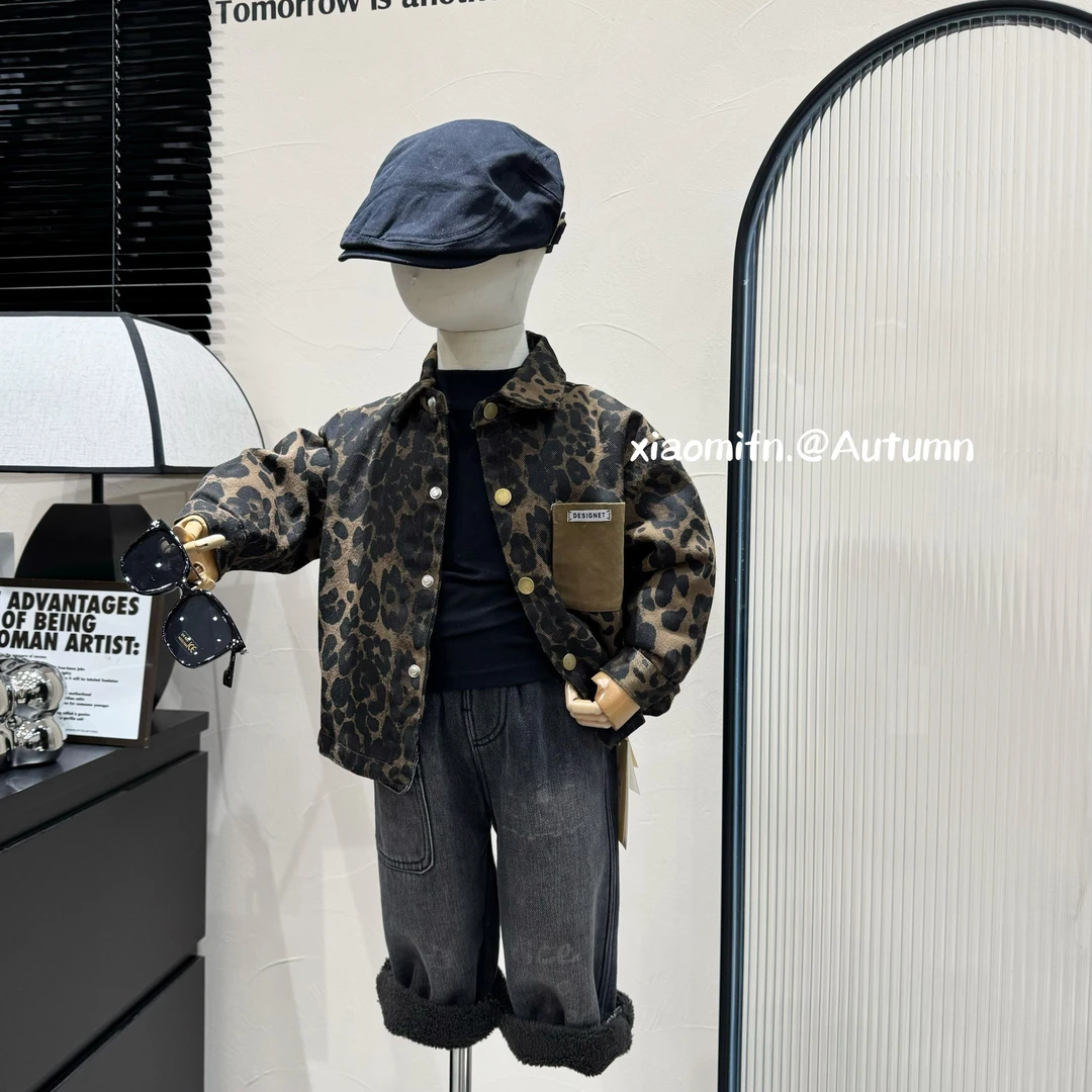 现货〃韩版豹纹夹棉外套男儿童2024秋冬款做旧复古洋气潮CY11