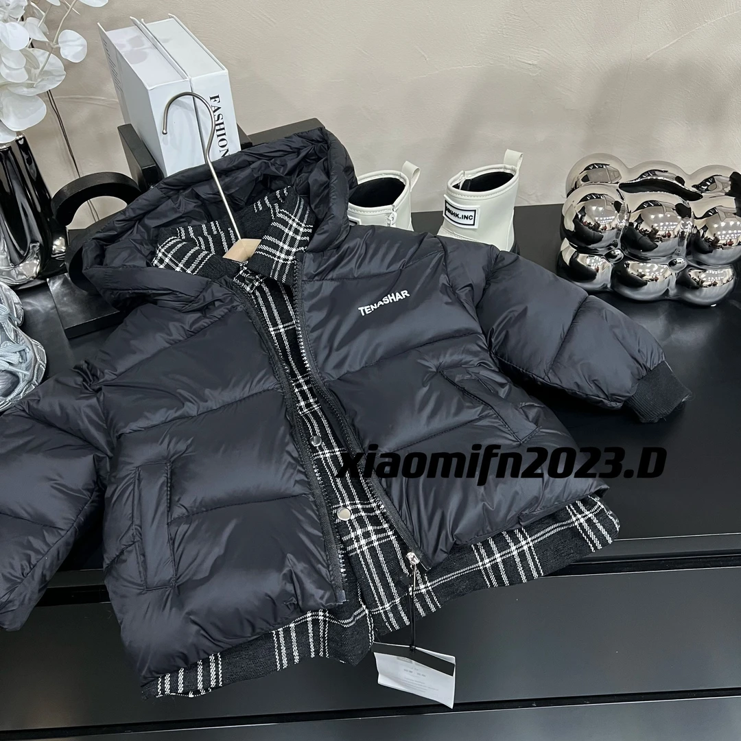 杰米~现货~韩版男童2023新款重工拼接格子衬衫儿童棉服外套2333