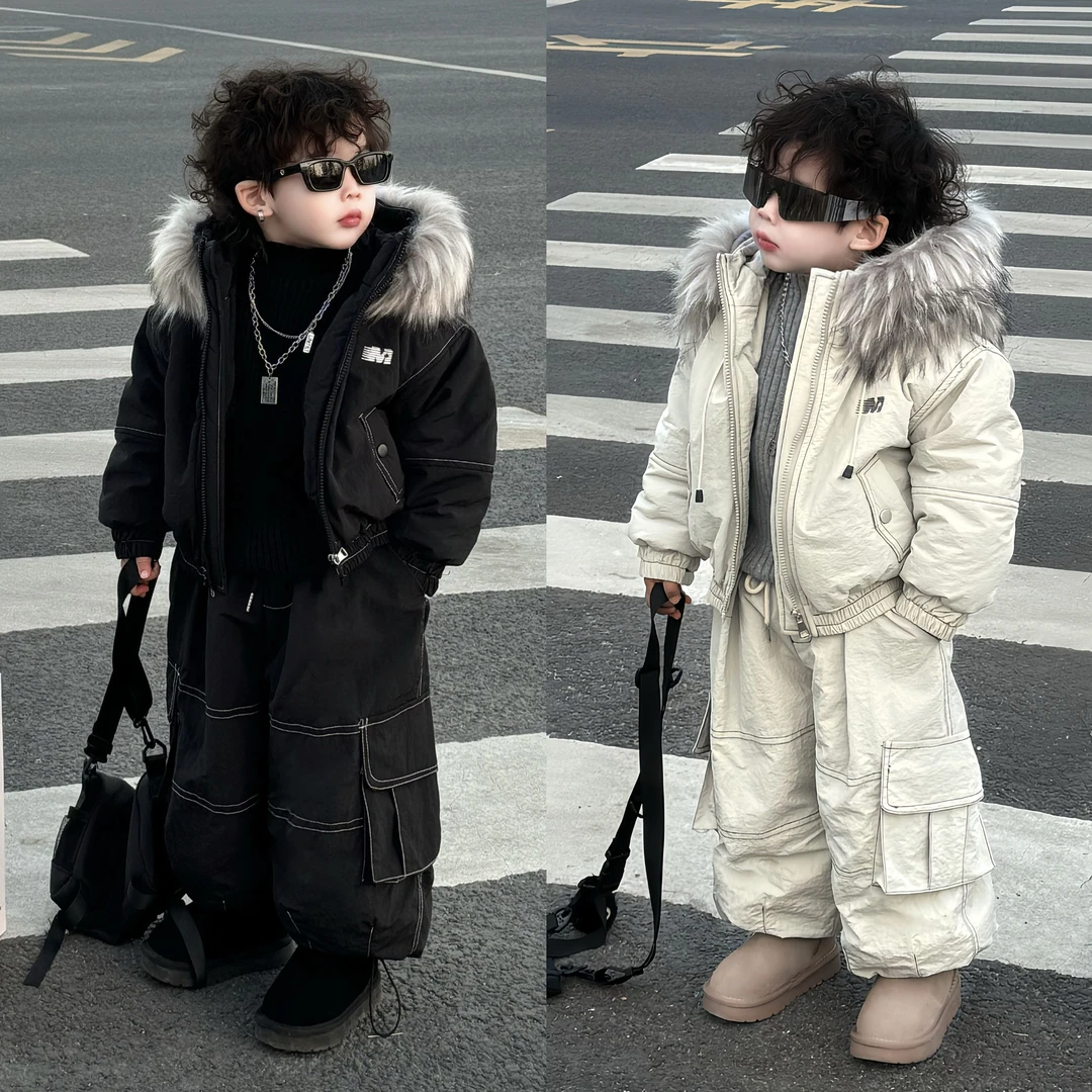 【现货】套装2024冬季新款韩版男童时尚百搭加绒派克裤子洋气Q89
