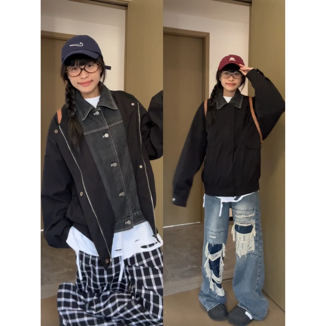 Taro 美式春秋新款男女百搭时尚简约夹克个性假两件拼接翻领外