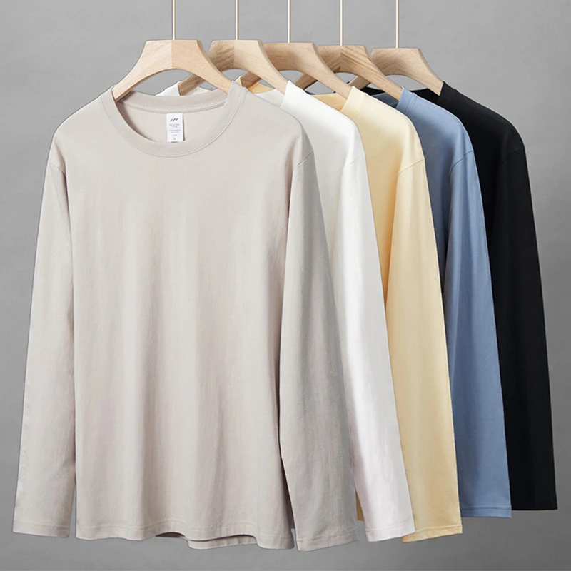 (买一送一)230g纯棉圆领男士长袖T恤纯色秋季打底衫内搭宽松上衣