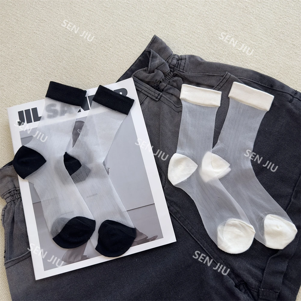 【2双】ins潮薄款袜子女中筒袜撞色夏季日系卡丝袜透气网水晶袜jk袜