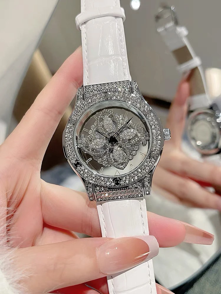 时来运转五芒星手表女款四叶草轻奢小众山茶花满天星女式满钻女表