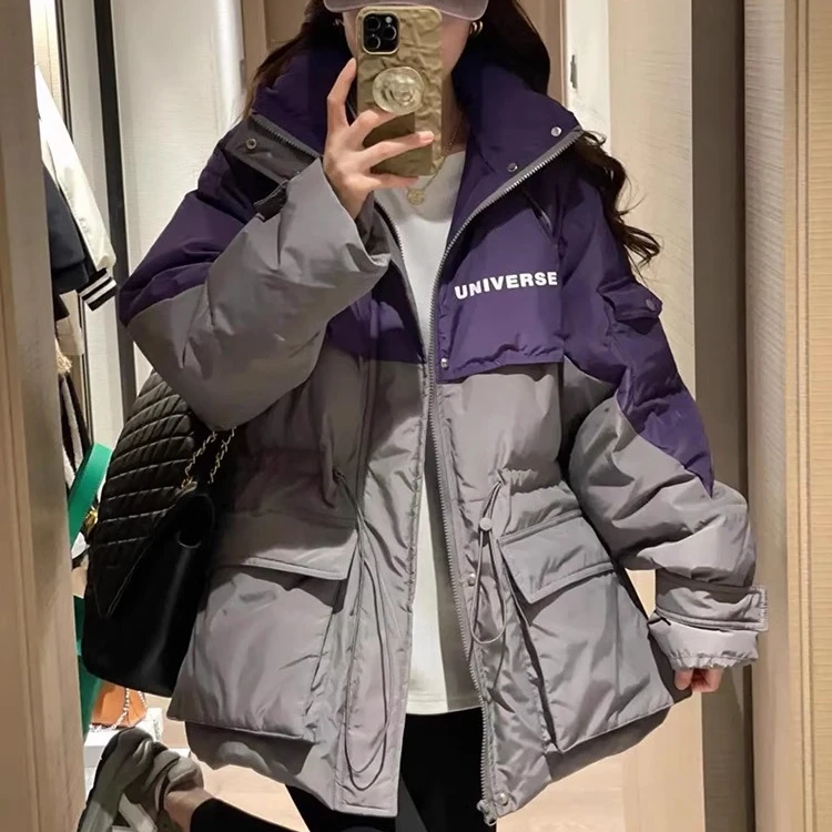 2025冬季新款拼色抽绳收腰白鸭绒羽绒服女宽松加厚工装派克服外套
