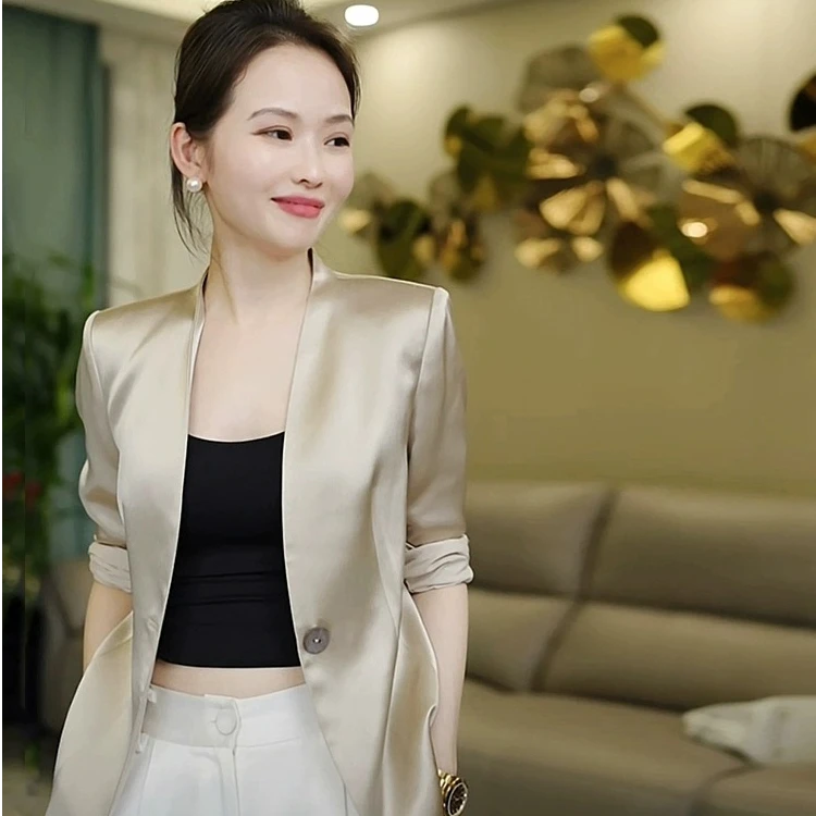 欧货2025春秋新款气质轻奢醋酸面料七分袖西装外套女百搭薄款上衣