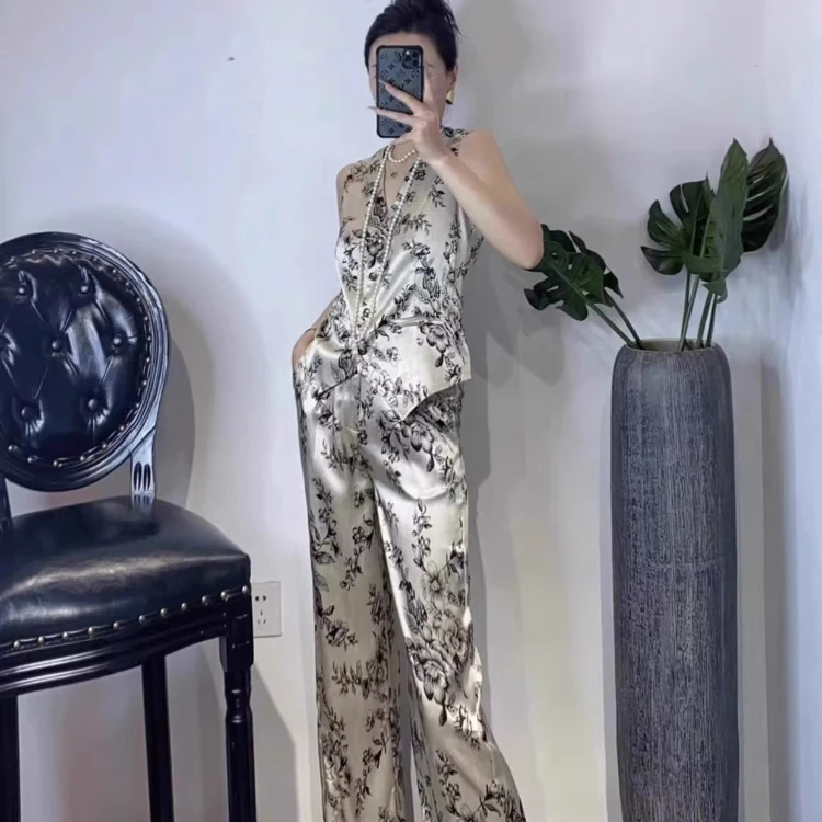 欧货2025夏季新款气质印花马甲套装女垂感阔腿裤两件套职业高级感