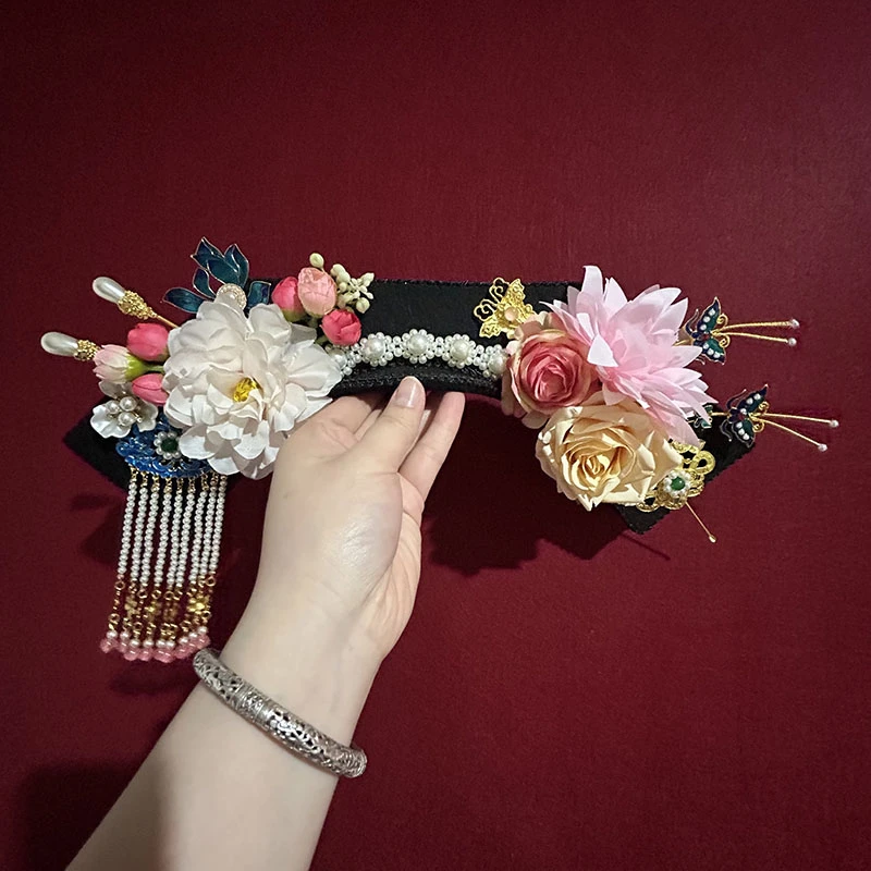 古风手工饰品古装头饰清朝旗头格格大拉翅花朵流苏发箍后宫妃嫔