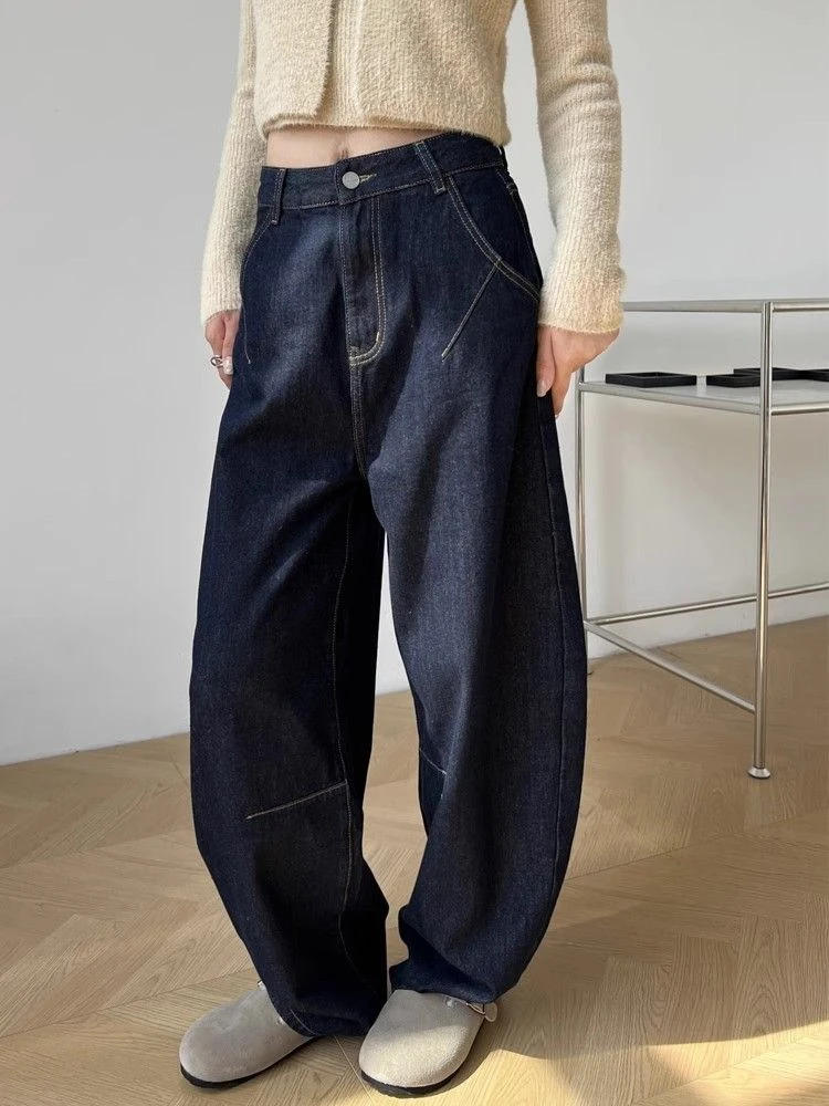 大码日系街头复古弧形镰刀高腰牛仔裤女宽松深色高街百搭哈伦长裤