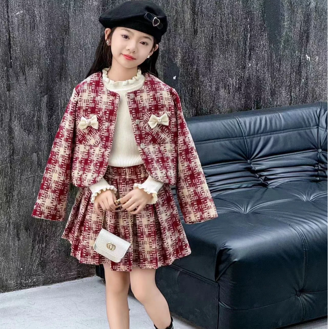 现货{富家千金}新款女童小香风三件套气质红色小香风儿童春秋洋气