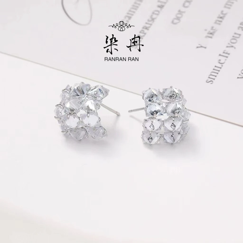 铜合金耳饰 【暴闪方糖】气质白色轻奢时尚百搭小众简约,镶嵌个A-22