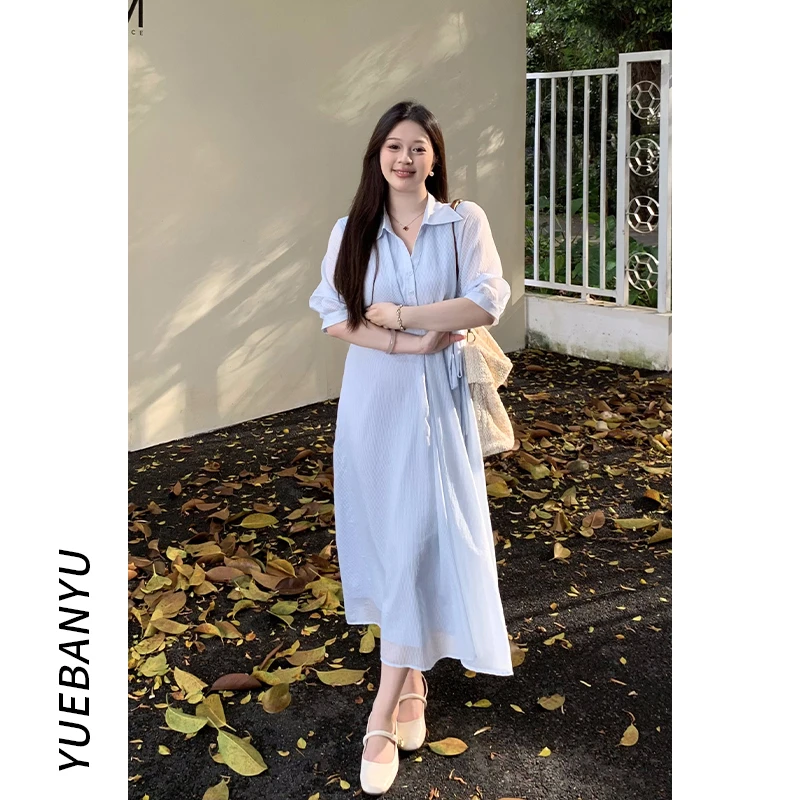 月半鱼【夕雾蓝】翻折V领优雅A字裙系带收腰显瘦夏季新款气质连衣裙