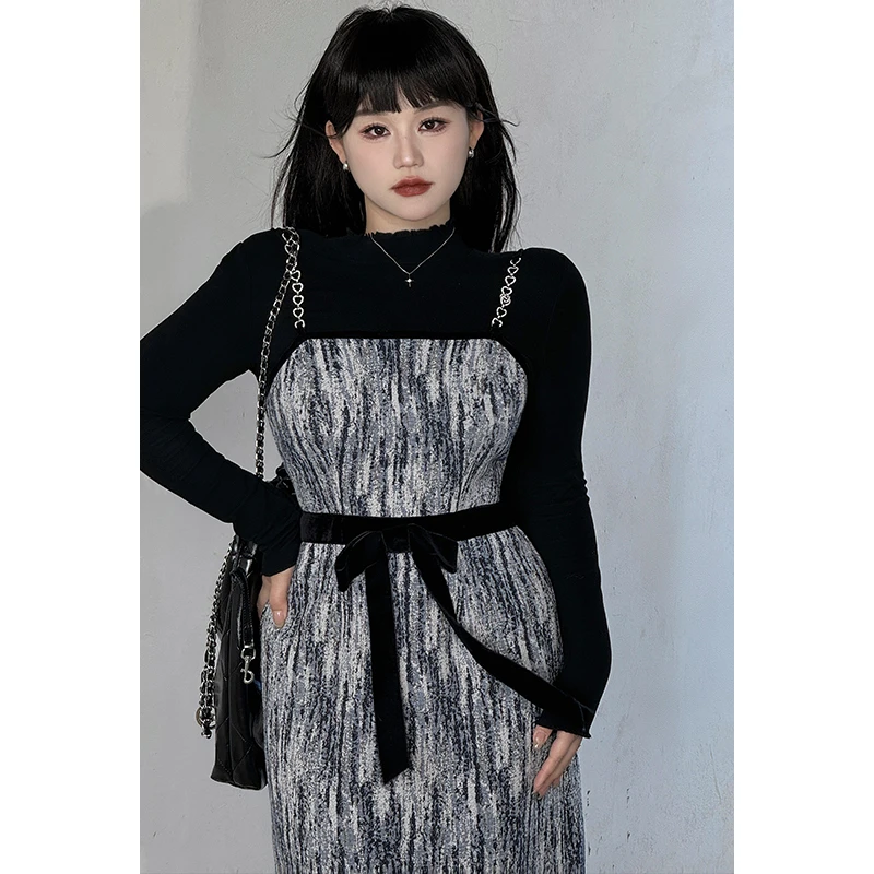 月半鱼现货微胖定制方领连衣裙女装连衣裙气质长袖复古小众无袖