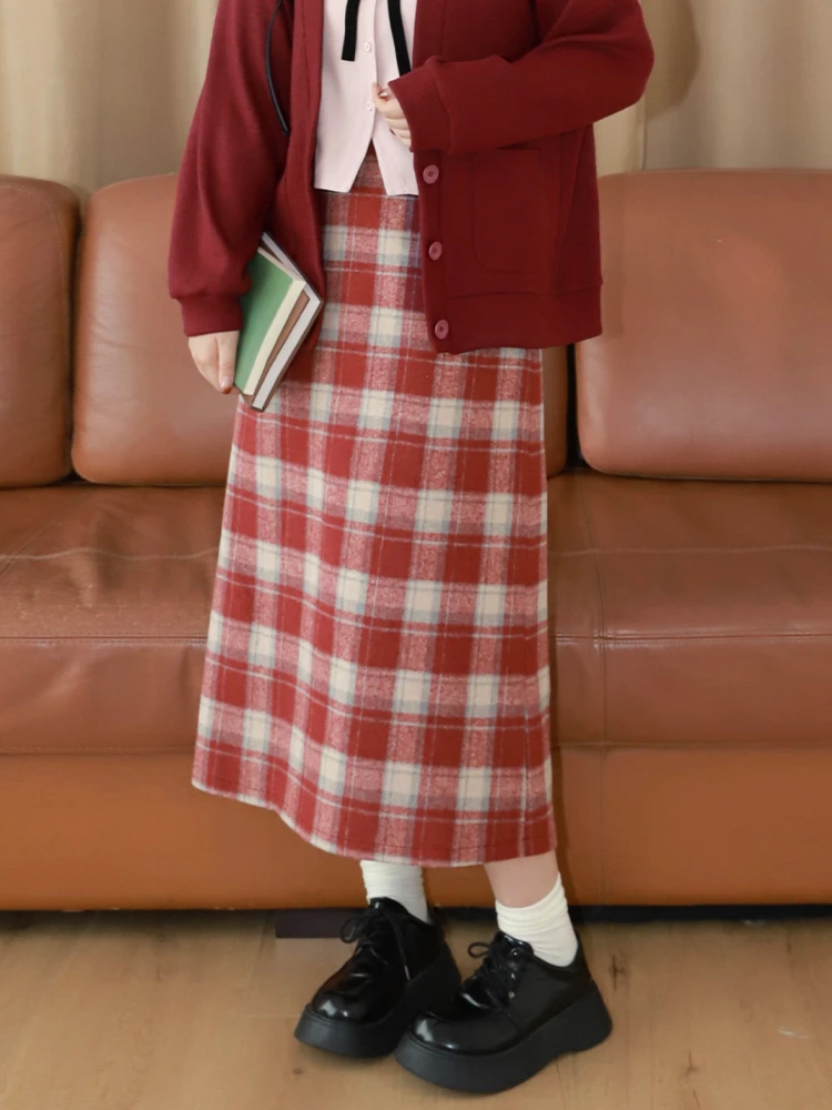 月半鱼【浆果华夫饼】微胖mm中长款A字版显瘦毛呢格子半身裙冬