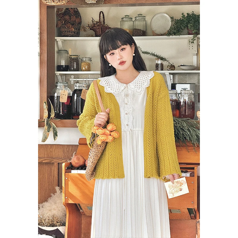 月半鱼【现货】微胖定制姜黄色显白加厚喇叭慵懒风宽松针织开衫外套