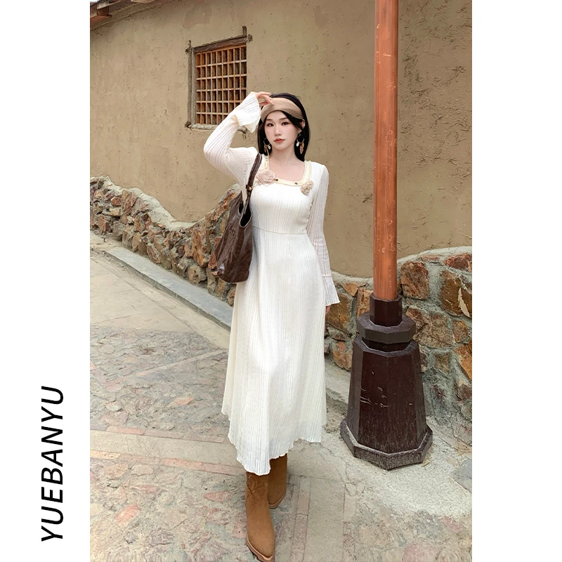 月半鱼现货【雾凇无月】秋季中式清冷感温柔方领法式拼接显瘦连衣裙