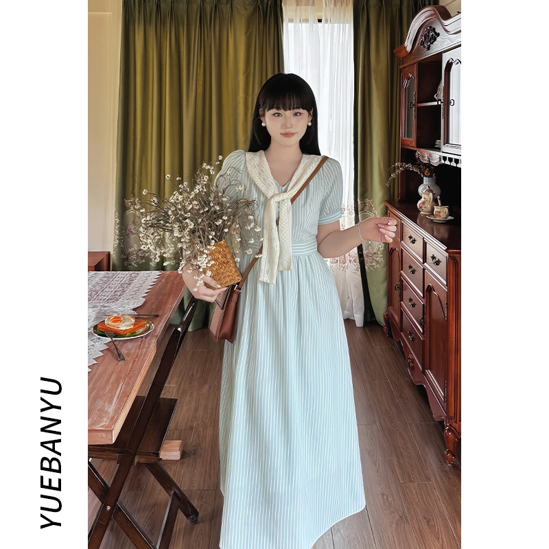 月半鱼现货【薄荷曼波】披肩V领连衣裙气质显瘦蓝色法式条纹连衣裙