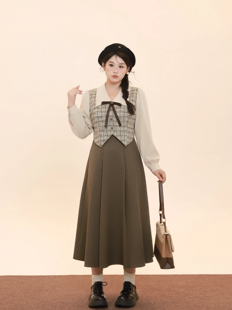 月半鱼【小调协奏】假两件连衣裙冬季复古英伦风毛呢拼接长裙子气质
