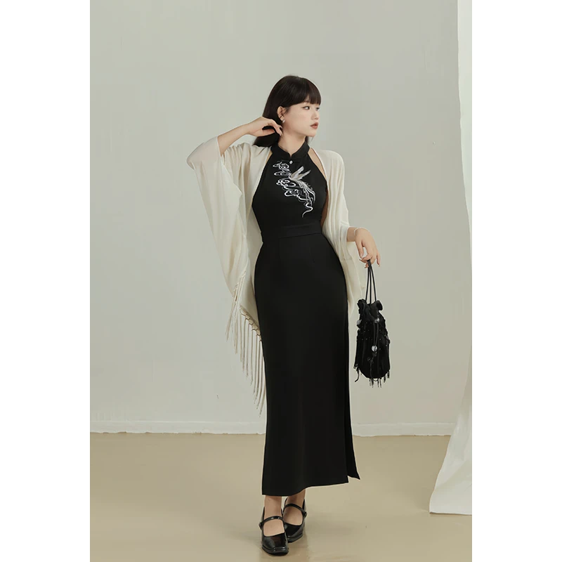 月半鱼现货【云鹤】微胖定制女夏复古新中式仙鹤刺绣连衣裙设计感