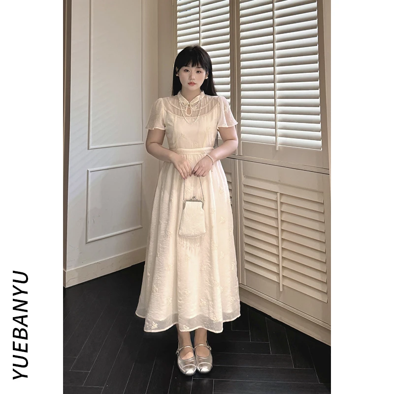 月半鱼现货【雨蝶】国风新中式连衣裙盘扣收腰米白清凉连衣裙