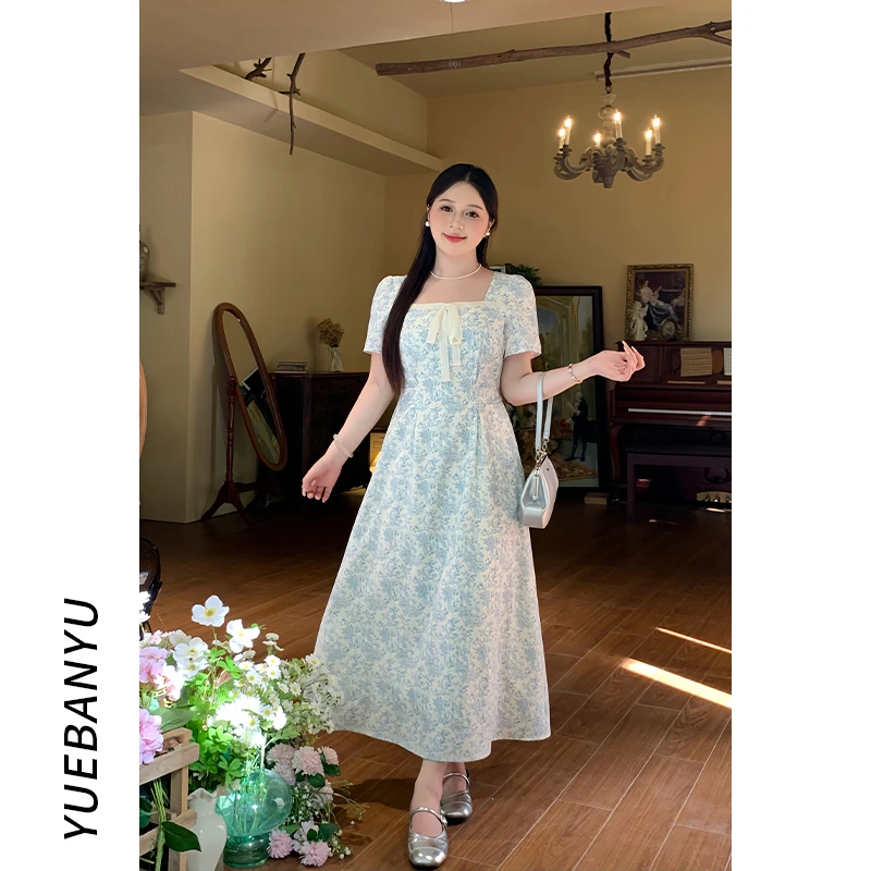 月半鱼【冰雾曲】蓝色碎花连衣裙女夏季收腰显瘦蕾丝拼接设计感长裙