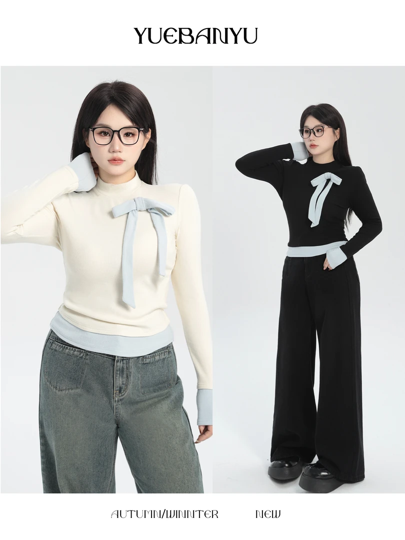 月半鱼【留学生】法式温柔风撞色蝴蝶结拼接针织早秋显瘦打底上衣