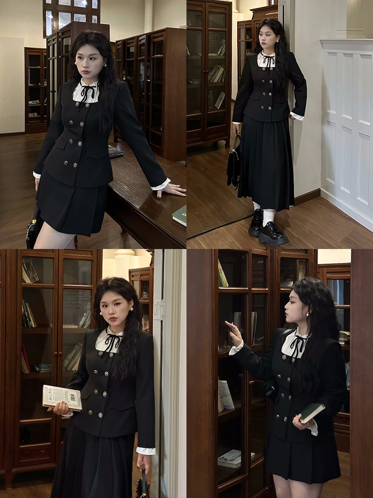 月半鱼【千金玛德琳】复古千金风西装收腰外套+A字百褶长短款半裙