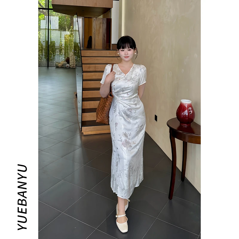 月半鱼现货【雪鸢】V领新中式暗纹提花灰杏色连衣裙复古夏季连衣裙