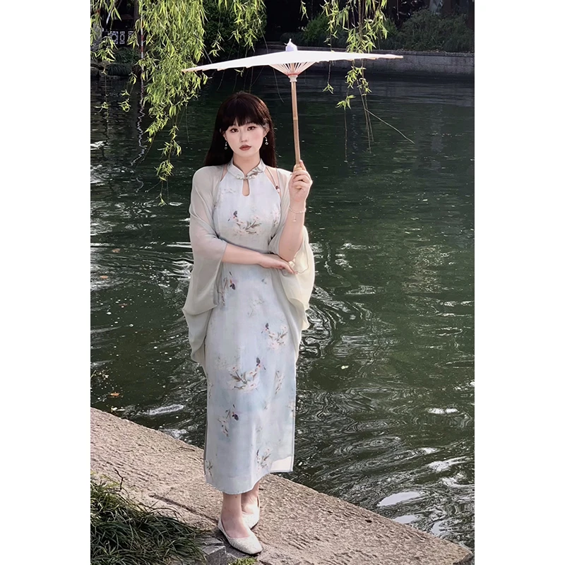 月半鱼现货【天青色等烟雨】挂脖连衣裙新中式禅意收腰修身连衣裙