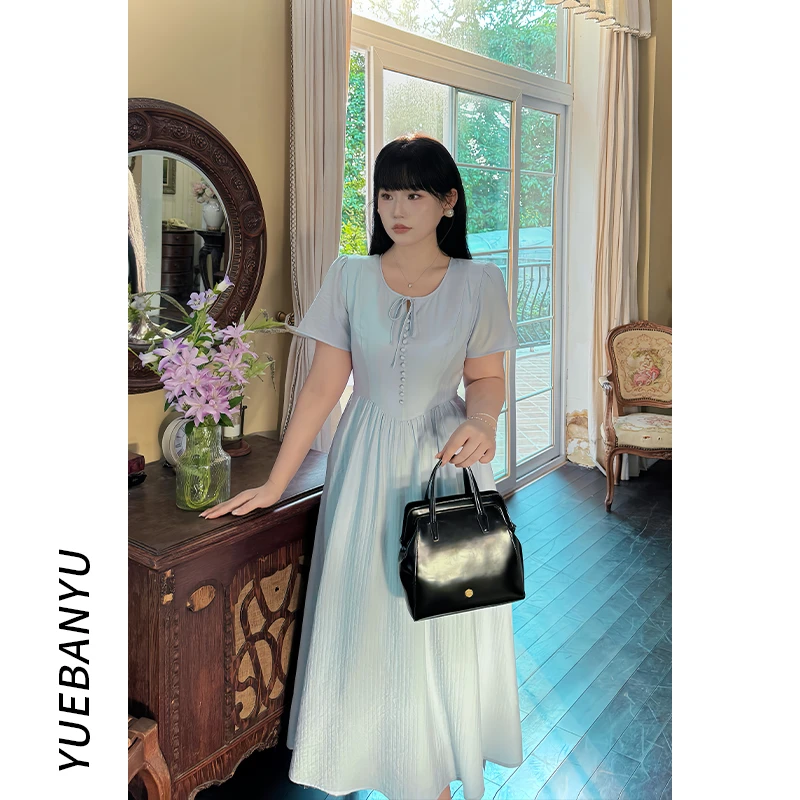 月半鱼【蓝色恋人】法式U领连衣裙女夏新款绑带设计感蓝色气质长裙