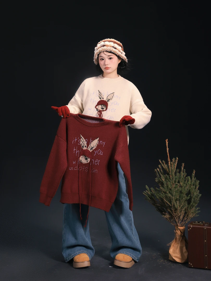 月半鱼【带帽小兔】红人上新提花针织毛衣女秋冬宽松加厚内搭上衣