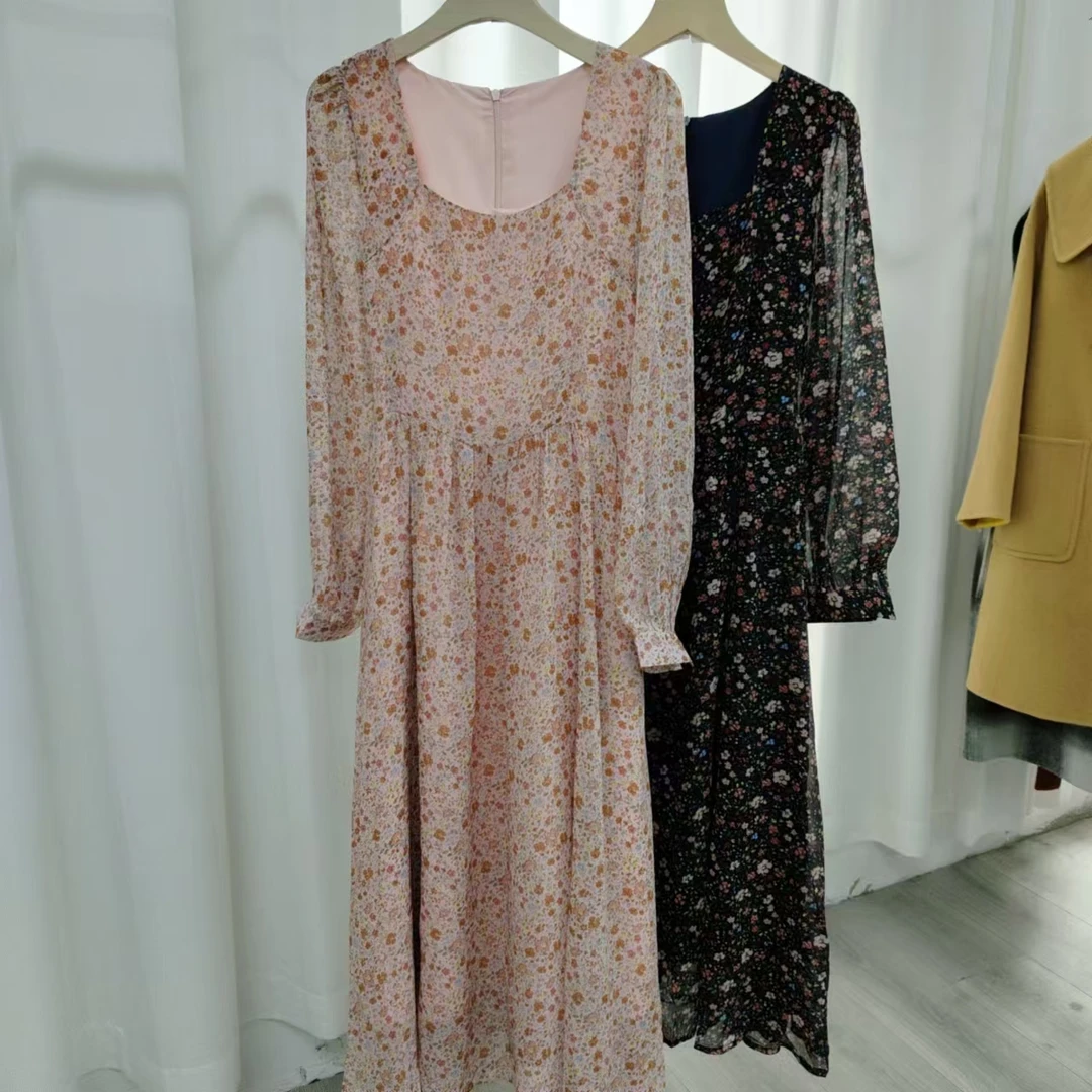 韩系慵懒风碎花V领甜美仙女温柔打底长裙N1338