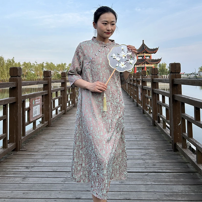 夏季时尚碎花旗袍裙子复古民族风中国风显瘦提花优雅文艺日常